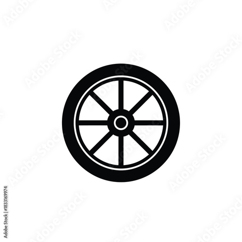 Black silhouette of a spoked wheel on white background