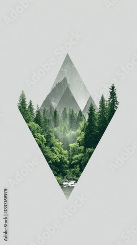 A misty mountain scene and lush forest are artfully framed within a geometric diamond shape against a muted gray background