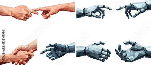Human and Robot Hands Low Poly Vector Illustration Set: AI Connection, Digital Collaboration, Future Technology