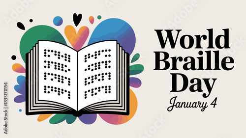 Illustration celebrating world braille day on january 4th featuring an open book with braille text against a colorful abstract background of shapes and hearts