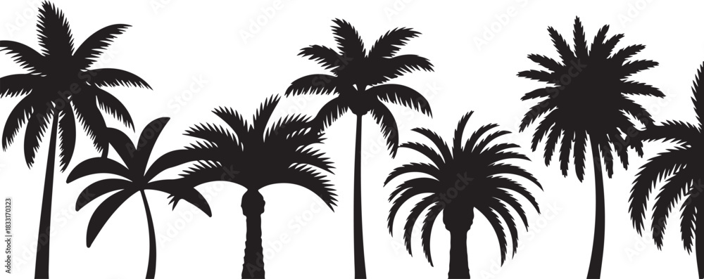 Obraz premium Silhouette of various palm trees against a light gray background