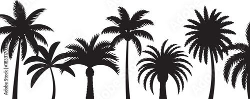 Silhouette of various palm trees against a light gray background