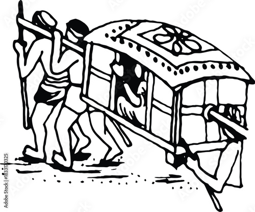 Traditional hand-carried palanquin with bearers, vintage line art illustration on white background isolated on transparent background, Vector