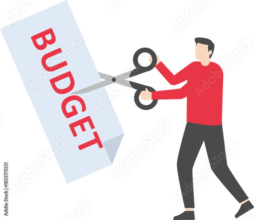 Businessman with a giant scissor cutting a budget block. Concept of finance project reduction or budget management. Flat vector illustration.

