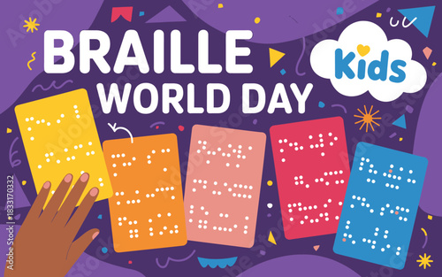 Illustration celebrating world braille day with colorful braille cards and a hand touching one, promoting literacy for visually impaired children
