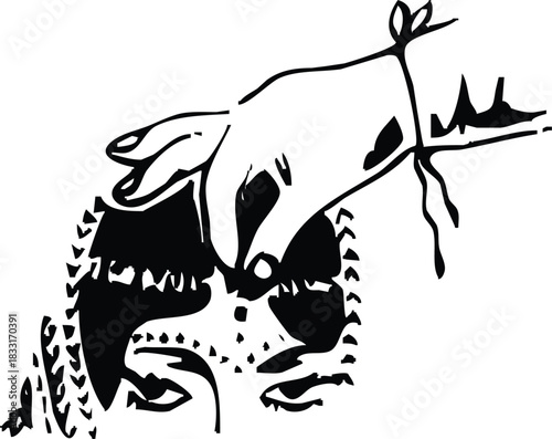 Graphic vector illustration of a traditional woman's face with a hand touching head, cultural art isolated on transparent background, Vector