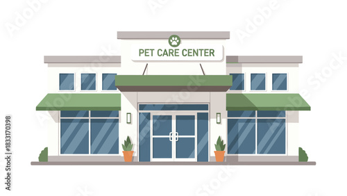 Modern pet care center building, a welcoming space for animal lovers, with glass windows and paw print sign for a pet shop