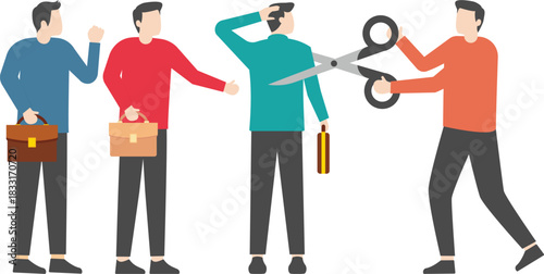 Layoffs, being fired, laid off or unemployed, massive layoffs at a company in a recession, hands holding scissors to cut off employees standing in a row

