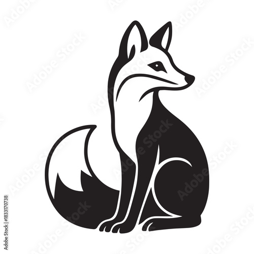 Black and white stylized silhouette of a seated fox with bushy tail, sleek posture, and forward gaze.