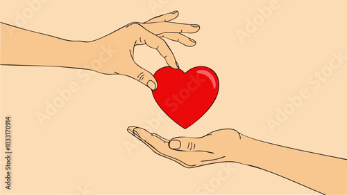 Flat line vector of one hand giving a red heart to the other. Neutral pastel background. Symbolizing love, caring, and loyalty. Ideal for relationships, charity, and Valentine's Day themes.