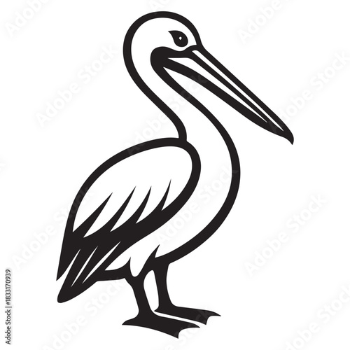 Black and white stylized silhouette of a pelican standing in profile with long beak and feathered wings.