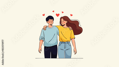 Flat vector illustration of a happy couple walking hugging each other lovingly on a bright background, showing the love and loyalty of a couple.