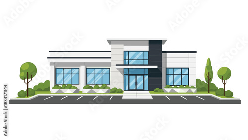 Stunning modern office building with a parking lot and green landscaping for professional services or commercial use in a vibrant urban setting