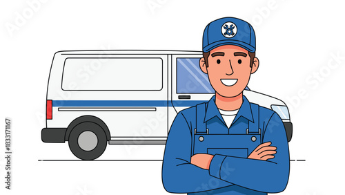 Friendly repairman ready for service with van, a symbol of reliable maintenance and expert assistance for all your project needs