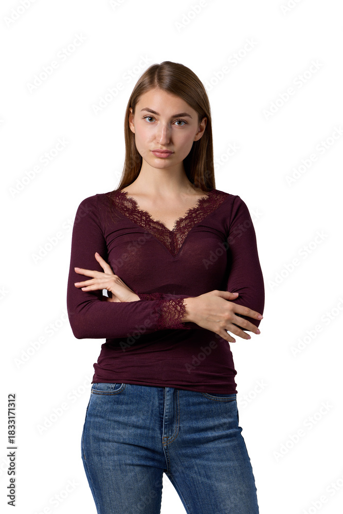 Obraz premium Slavic woman in burgundy lace top and jeans