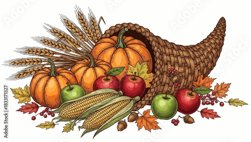 Illustration of a cornucopia filled with pumpkins apples corn wheat and autumn leaves on white background