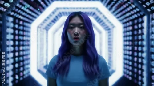 A woman with purple hair stands centered in a neon-lit, futuristic tunnel