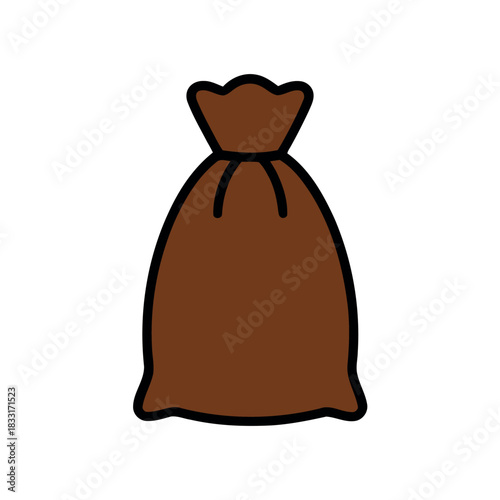 Illustration of a tied brown sack against a white background with a black outline