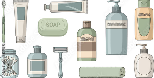 Daily Bathroom Hygiene and Personal Care Products Vector Illustration Set