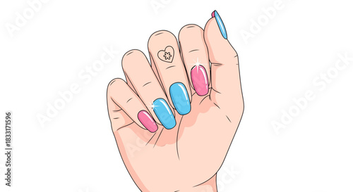 Elegant manicure in pastel colors with a heart tattoo creates a modern aesthetic