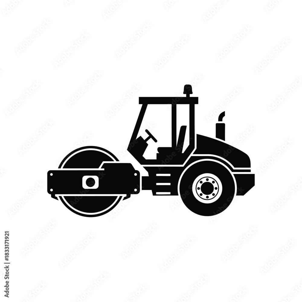 Naklejka premium Black silhouette of a steamroller on white background
