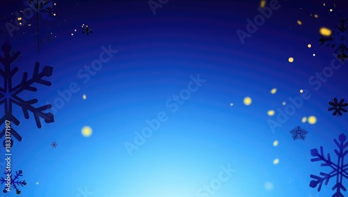 Dark blue background with falling snowflakes and yellow bokeh