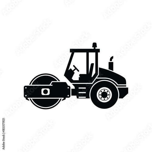 Black silhouette of a steamroller on white background