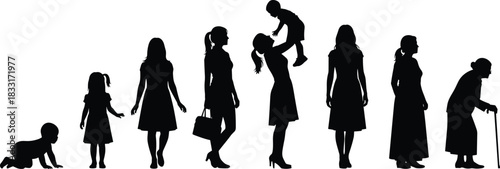 Female life stages silhouette progression, woman aging timeline illustration, childhood to elderly concept, generational growth artwork sequence