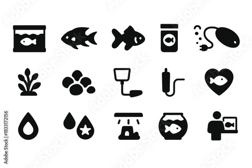 Aquarium and fish care icon set. aquatic themed collection for pet owners and enthusiasts. perfect for guides and infographics.