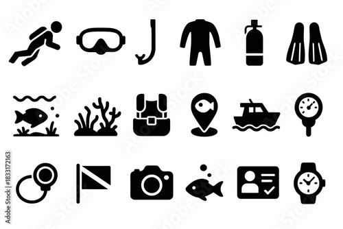 Scuba diving icon set for marine adventure designs, ideal for dive shops and equipment promotions