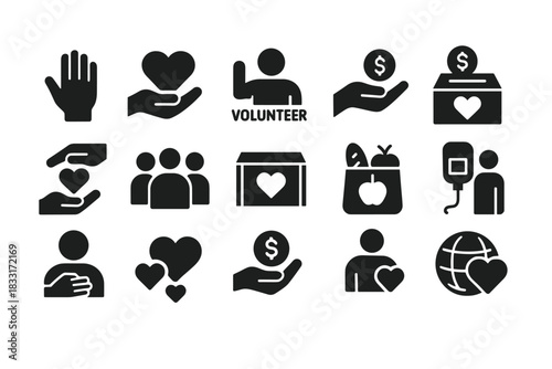 Charity and volunteer icon set. illustrations for nonprofit and community support initiatives.
