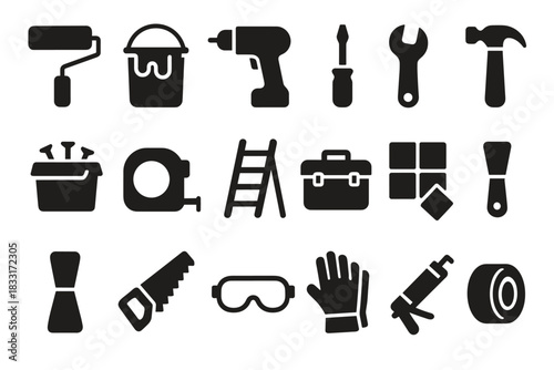 Home renovation tools icon set for construction and diy projects