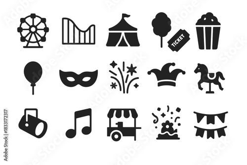 Carnival and amusement park icon set for festival designs and party decorations