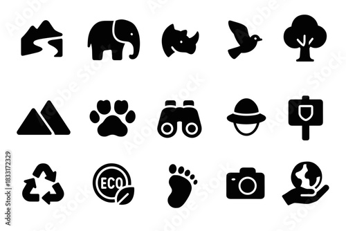 Wildlife and nature icons set for eco designs, featuring animals, landscapes, and conservation symbols