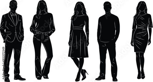 silhouette, fashion, people, outfit, vector, icon, design, profile, dress, suit, casual, formal, standing, 