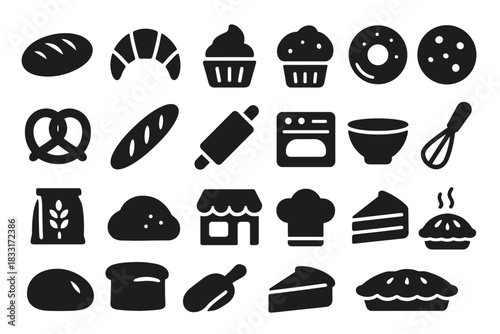 Bakery and pastry icon set. baking tools and ingredients for culinary design. bread and dessert vector collection.