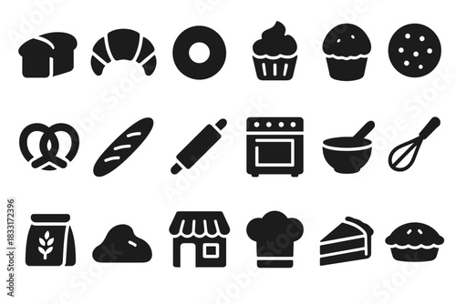 Bakery and pastry icon set. perfect for culinary designs, recipe cards, and food blogs. includes bread, cupcake, muffin, and baking tools.