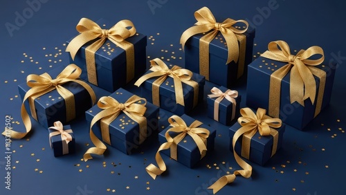 Dark Blue Gift Boxes with Gold Ribbons and Stars gold stars