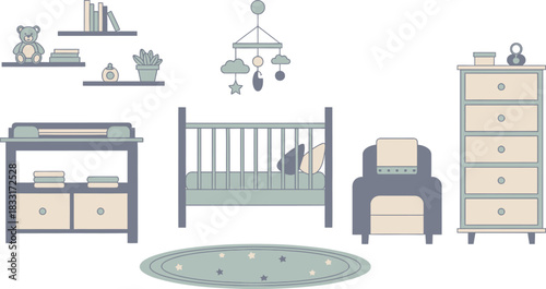 Minimalist Baby Nursery Room Vector Illustration with Crib, Changing Table, and Decor Elements