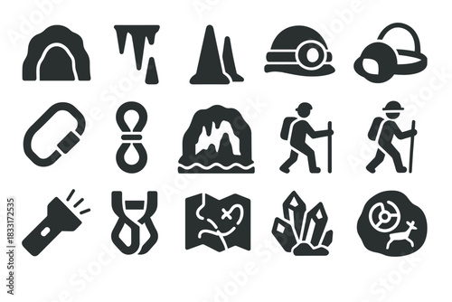 Cave exploration icon set. adventure icons for maps and guides. cave adventures and hiking symbol collection.