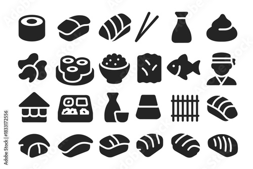 Japanese cuisine icon set. sushi icon set for restaurant, menu, or poster design. authentic japan food icon set collection.