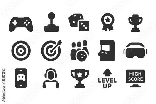 Gaming icon set. arcade and virtual reality symbols for game design. entertainment elements for apps and websites.