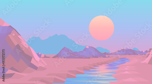 Low poly pastel vaporwave mountain landscape with pink sun and reflective river under soft gradient sky