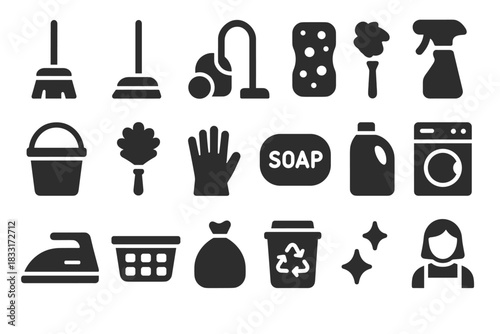 Collection of household cleaning and laundry icons for design and print projects