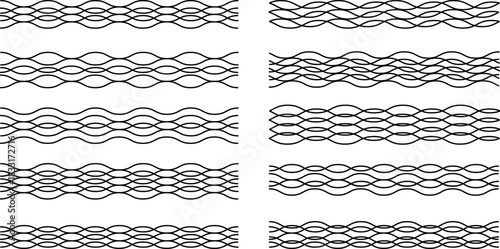 Abstract black wavy ribbon line border set with repeating intertwined wave patterns for minimalist decorative divider design on white background