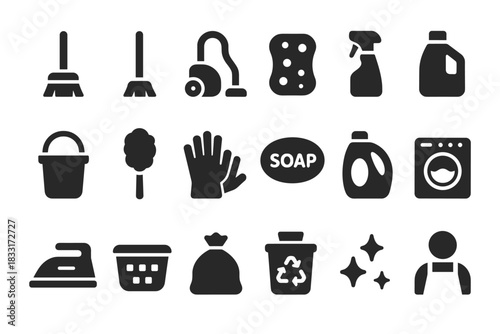 Household cleaning icon set. essential tools for housekeeping and laundry. perfect for home maintenance designs.
