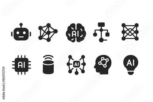 Artificial intelligence icon set. ai symbol collection. machine learning and neural network icons for tech design.