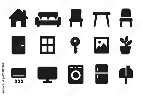 Home essentials icon set: furniture, appliances, and key household items for design projects