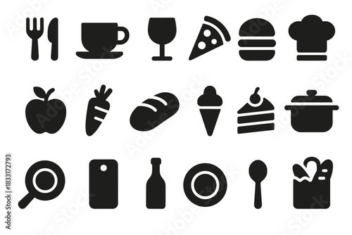 Culinary silhouette icon set featuring food and drink items for digital design and print