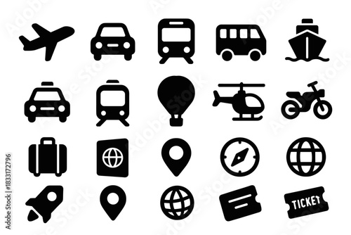 Transportation and travel icons set. perfect for maps, apps, and guides.